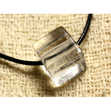 Collier Pendentif Perle Pierre Cristal de roche Quartz Cube 15mm Blanc transparent