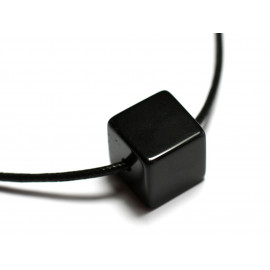 Collier Pendentif Perle Pierre Carré Cube 14mm Obsidienne noire