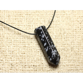 Collier Perle Pendentif Pierre Crayon Pointe Facetté 30mm Obsidienne Flocon de Neige Mouchetée gris noir