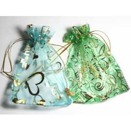 10pc - Sacs Pochettes Cadeaux Tissu Voile Organza 12x9cm Multicolore argenté doré coeurs fleurs étoiles - 7427039744379