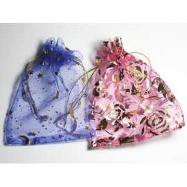 10pc - Sacs Pochettes Cadeaux Tissu Voile Organza 12x9cm Multicolore argenté doré coeurs fleurs étoiles - 7427039744379