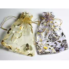 10pc - Sacs Pochettes Cadeaux Tissu Voile Organza 12x9cm Multicolore argenté doré coeurs fleurs étoiles - 7427039744379