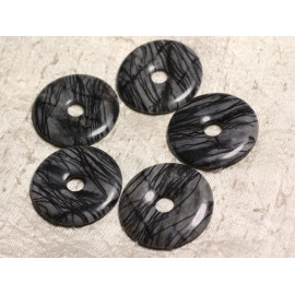 1pc - Perle Pendentif Pierre Rond Cercle Anneau Donut Pi 40mm Jaspe Zebre gris noir lignes rayures - 7427039744478