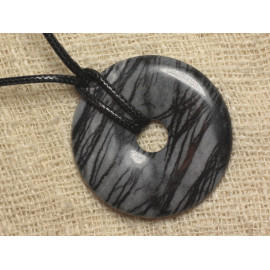 Collier Pendentif Pierre Rond Cercle Anneau Donut Pi 40mm Jaspe Zebre gris noir lignes rayures