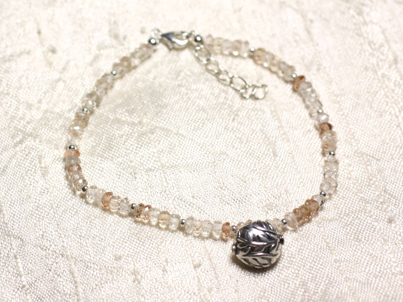 Bracelet Argent 925 et Pierre Topaze Impériale rondelles facettées 2-3mm blanc jaune orange marron Perle argent 925