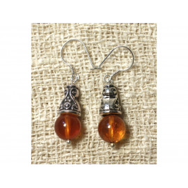 Boucles d'Oreilles Ambre Cognac 8mm et Argent 925