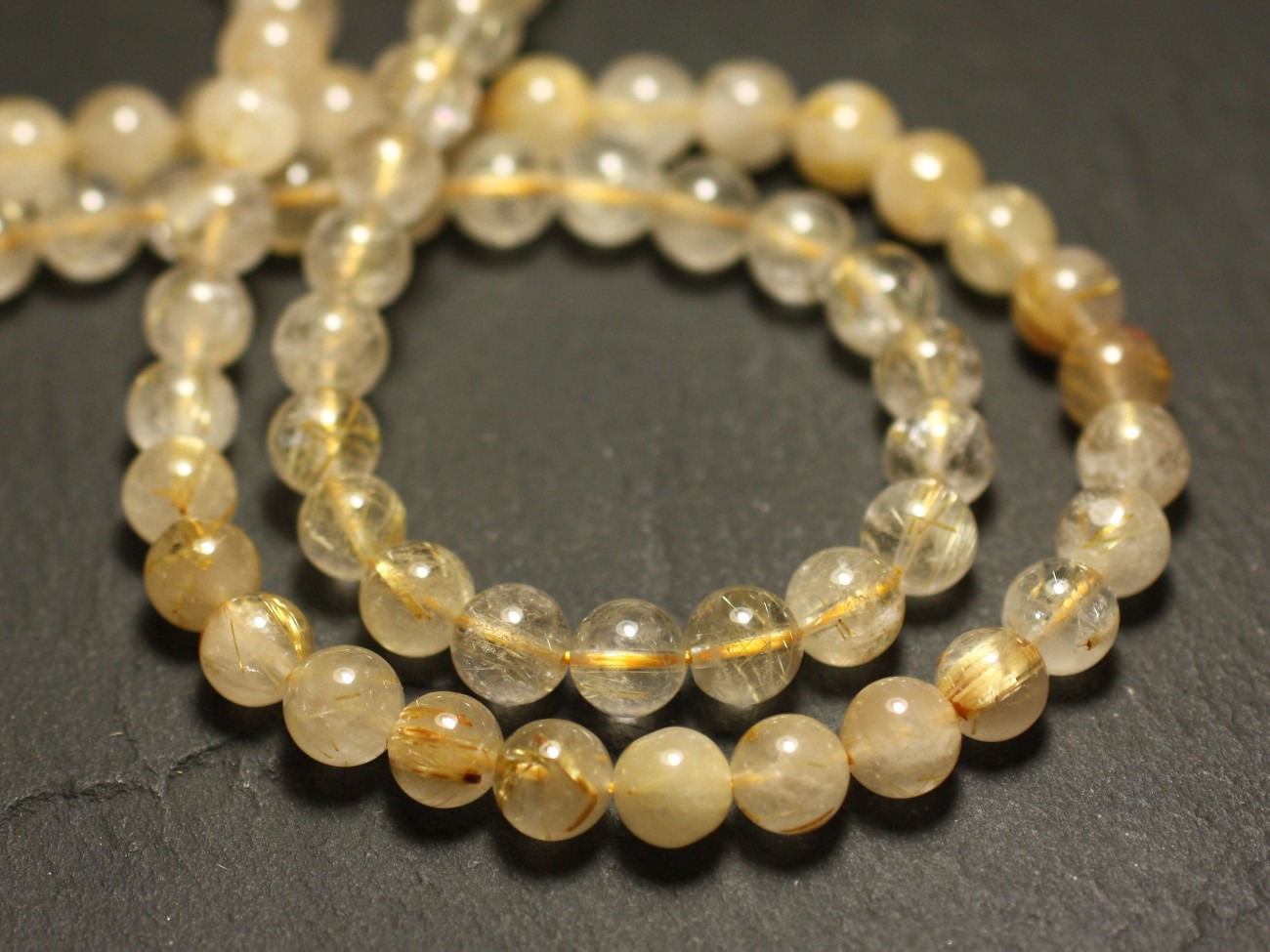 Fil 39cm 58pc env - Perles de Pierre - Quartz Rutile Doré Boules 6-7mm 