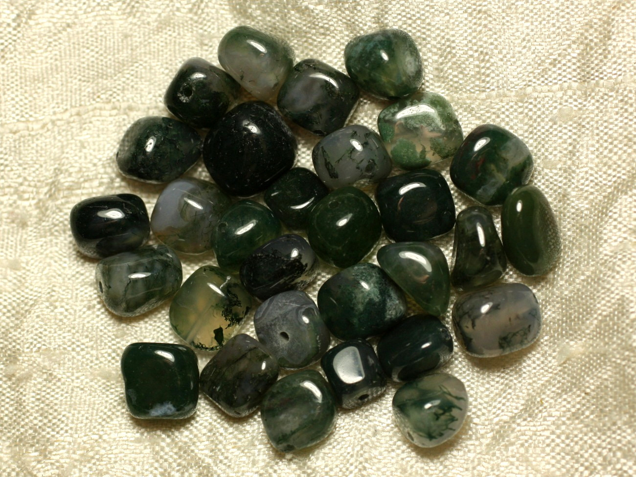 Fil 39cm 46pc environ - Perles Pierre Agate mousse Nuggets Olives Ovales 6-11mm vert blanc