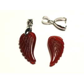 1pc - Pendentif Perle Pierre Agate Aile gravée 24mm rouge orange - 7427039746045