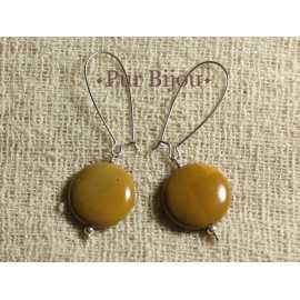 Boucles oreilles Métal argenté et Pierre Jaspe Mokaite Ronds plats palets 15mm Jaune Moutarde Ocre