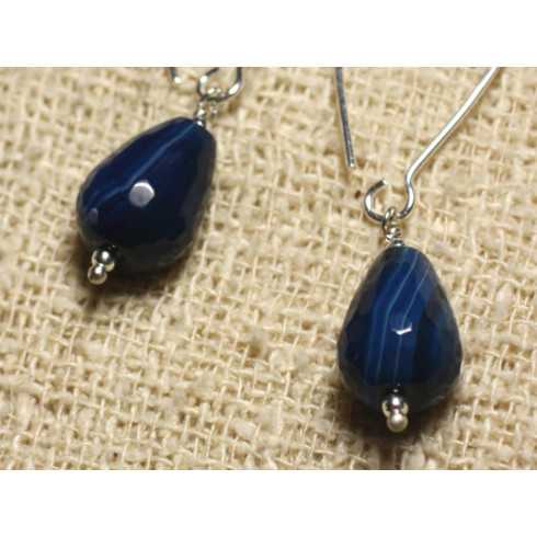 925 Silver Earrings - Blue Agate Faceted Drops...