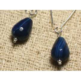 925 Silver Earrings - Blue Agate Faceted Drops 14x10mm