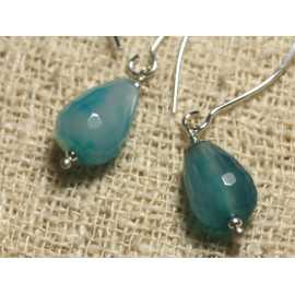 Boucles oreilles Argent 925 et pierre Agate Gouttes Facettées 14x10mm bleu banc