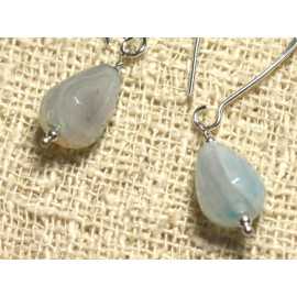 925 Silver Earrings - Blue Agate Faceted Drops 14x10mm