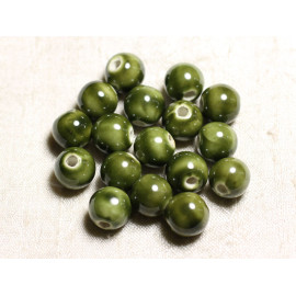 4pc - Perles Céramique Porcelaine Boules 14mm Vert kaki irisé brillant - 7427039747400