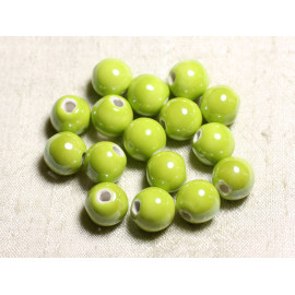 4pc - Perles Céramique Porcelaine Boules 14mm Jaune Vert Citron irisé brillant - 7427039747424