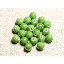 4pc - Perles Céramique Porcelaine Boules 14mm Vert Pomme irisé brillant - 7427039747448