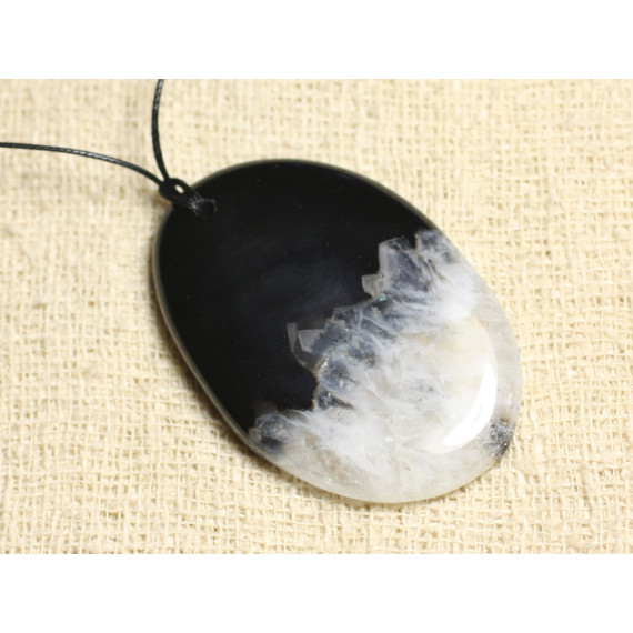 N3 Collier Pendentif Pierre Agate et Quartz Noir Blanc Goutte Ovale 58mm