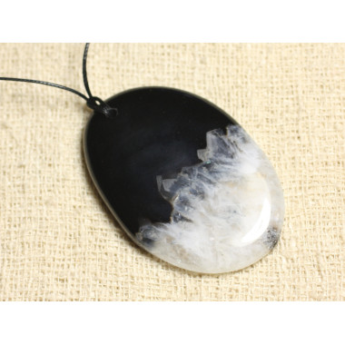 N3 Collier Pendentif Pierre Agate et Quartz Noir Blanc Goutte Ovale 58mm