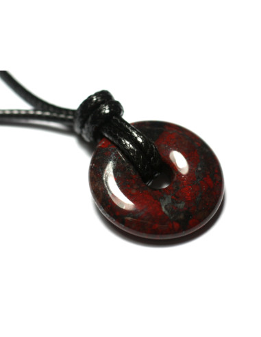 Collier Pendentif Pierre Jaspe Poppy Breschia Bréchique Donut Pi Rond Cercle Anneau 20mm rouge gris noir