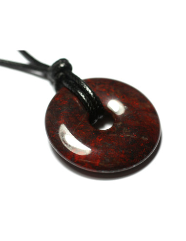 Collier Pendentif Pierre Jaspe Poppy Breschia Bréchique Donut Pi Rond Cercle Anneau 30mm rouge gris noir