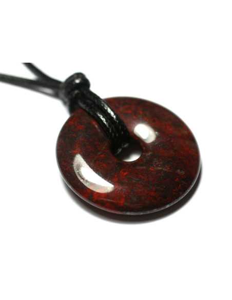 Collier Pendentif Pierre Jaspe Poppy Breschia Bréchique Donut Pi Rond Cercle Anneau 30mm rouge gris noir