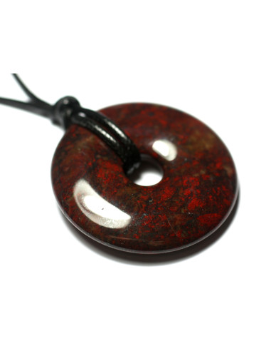 Collier Pendentif Pierre Jaspe Poppy Breschia Bréchique Donut Pi Rond Cercle Anneau 40mm rouge gris noir