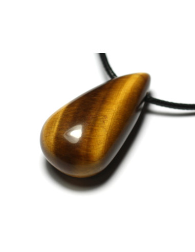 Collier Pendentif Perle Pierre Oeil Tigre Goutte 40mm Marron jaune doré bronze noir reflets