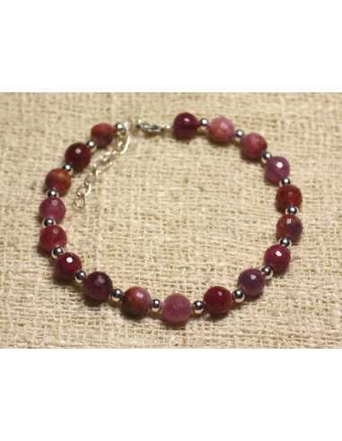 Bracelet Argent 925 et Pierre Rubis boules Facettées 6mm rouge rose