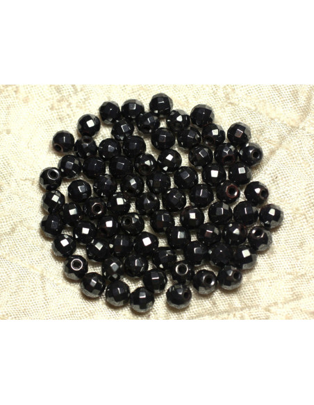 Fil 39cm 100pc environ - Perles Pierre Hématite Boules Facettées 4mm Métal noir gris argenté