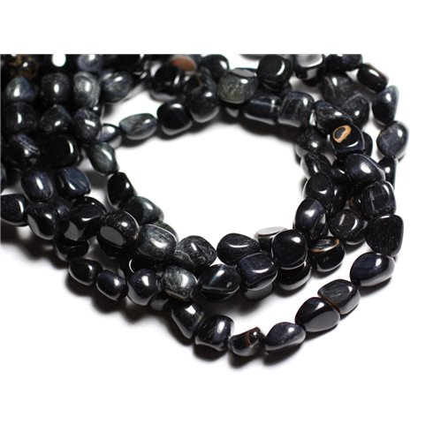 Fil 39cm 52pc environ - Perles Pierre Oeil Tigre Faucon Nuggets Olives Ovales 3-10mm bleu noir reflets