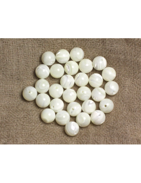 Fil 38cm 37pc environ - Perles Coquillage Nacre Boules 10mm blanc irisé