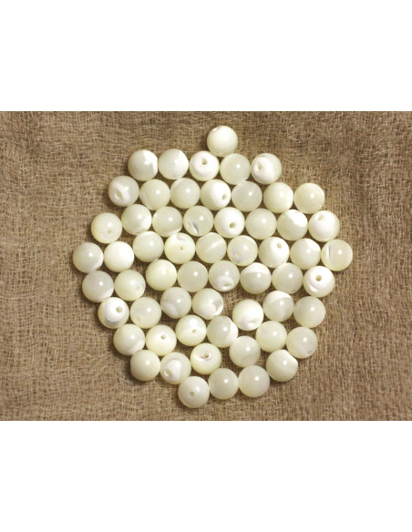 Fil 39cm 64pc environ - Perles Coquillage Nacre Naturelle Boules 6mm blanc irisé