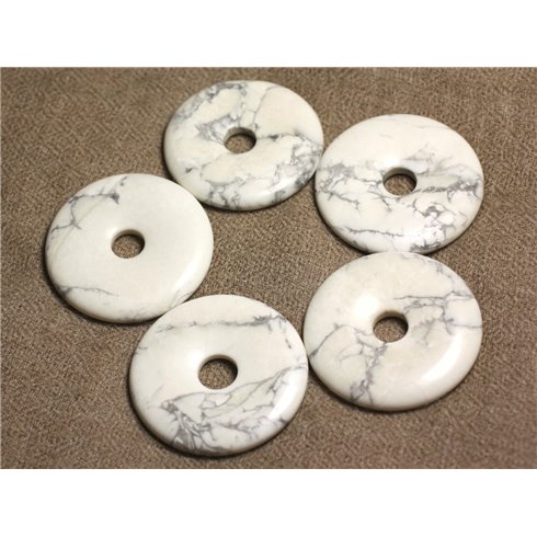 Collier Pendentif Perle Pierre Howlite Rond Cercle Anneau Donut Pi 40mm blanc gris