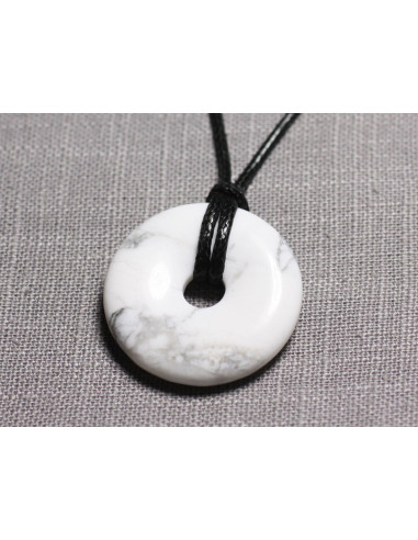Collier Pendentif Perle Pierre Howlite Rond Cercle Anneau Donut Pi 40mm blanc gris
