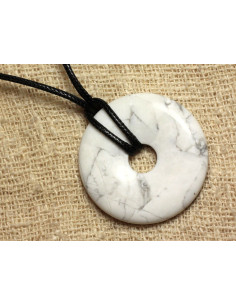 Collier Pendentif Perle Pierre Howlite Rond Cercle Anneau Donut Pi 40mm blanc gris