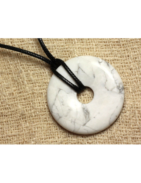 Collier Pendentif Perle Pierre Howlite Rond Cercle Anneau Donut Pi 40mm blanc gris