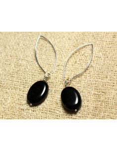 Boucles oreilles Argent 925 et Pierre Onyx noir Ovales 18x13mm Longs Crochets 37mm