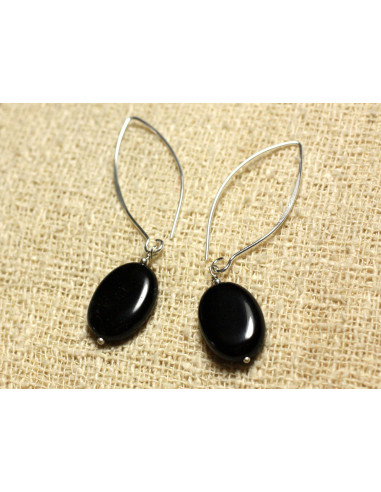 Boucles oreilles Argent 925 et Pierre Onyx noir Ovales 18x13mm Longs Crochets 37mm