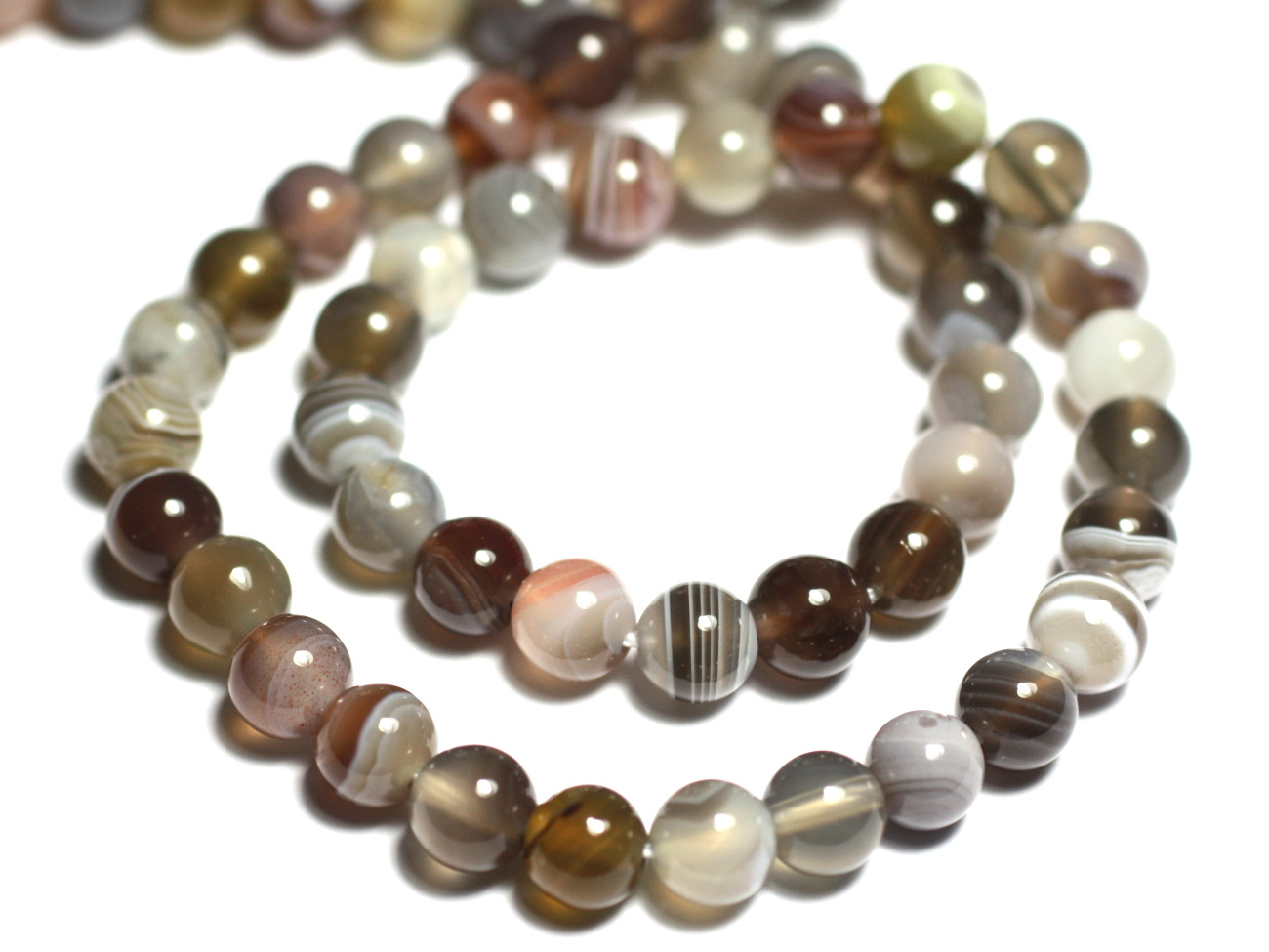 Fil 39cm 48pc environ - Perles Pierre Agate Botswana Boules 8mm Marron Gris Beige Blanc