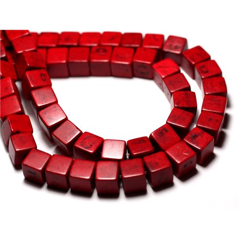 Fil 39cm 49pc env - Perles de Pierre Turquoise Synthèse Cubes 8mm Rouge Bordeaux
