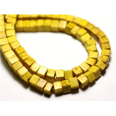 Fil 39cm 98pc env - Perles de Pierre Turquoise Synthèse Cubes 4mm Jaune