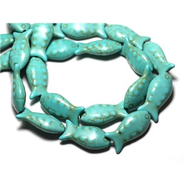 Fil 39cm 16pc env - Perles de Pierre Turquoise Synthèse Poissons 24mm Bleu Turquoise