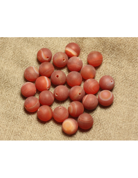 10pc - Perles Pierre Agate Boules 8mm Rouge orange Mat sablé givré - 7427039750011